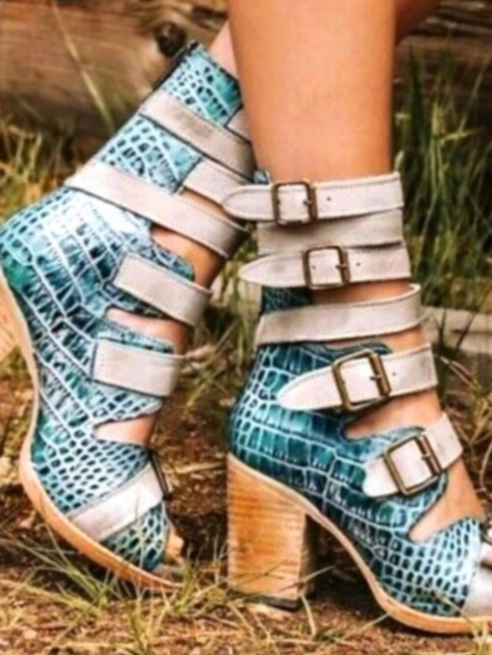Freebird Bond Turquoise Croc Leather Heels Size 8 Rare Boho Festival Sandals